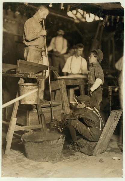Detail of Blower and mould boy at Seneca Glass Works, Morgantown, West Virginia, 1908 by Lewis Wickes Hine