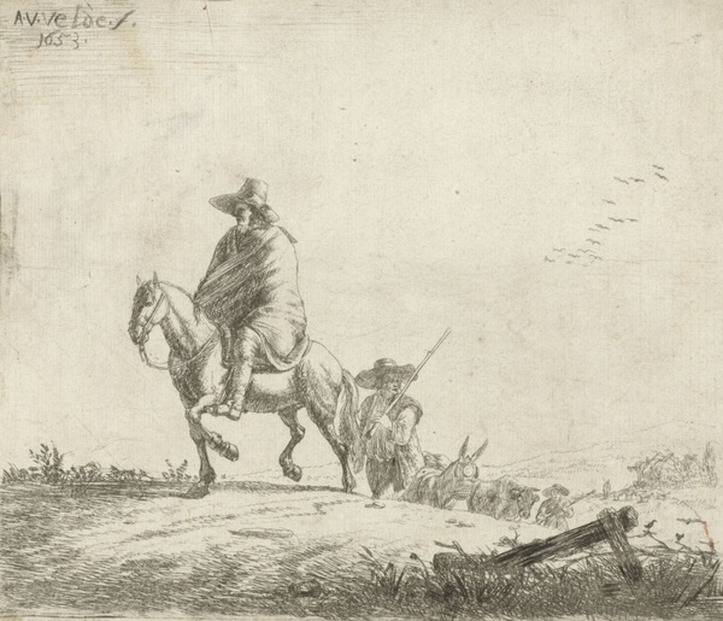 Detail of Rider and herdsman with cattle on a dirt road, 1653 by Adriaen van de Velde
