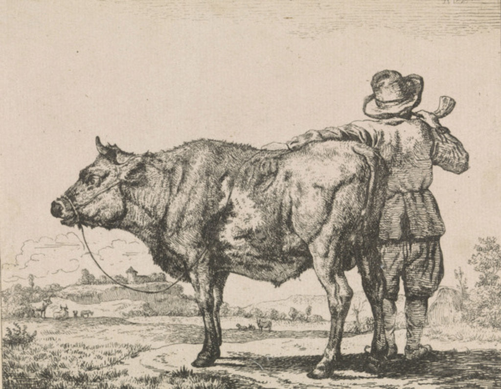 Detail of Man standing with bull by Adriaen van de Velde