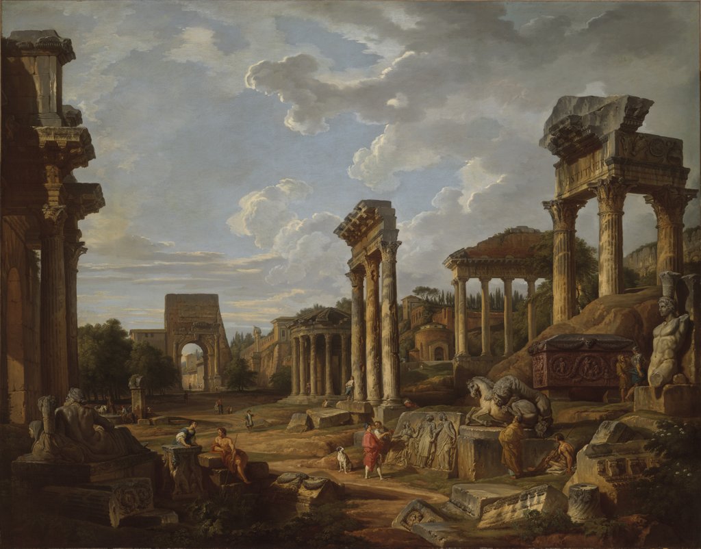 Detail of A Capriccio of the Roman Forum, 1741 by Giovanni Paolo Pannini or Panini