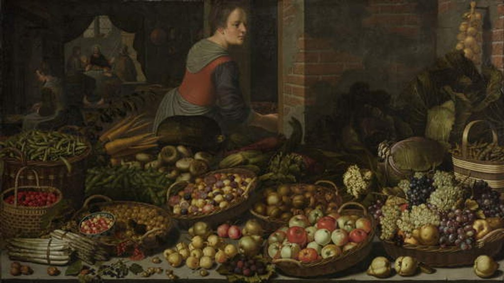 Detail of Still Life with Fruit and Vegetables, with Christ at Emmaus in the background, c. 1630 by Floris van Schooten