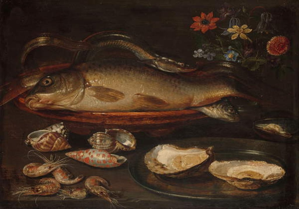Detail of Still life with fish, oysters and shrimps, c.1620-50 by Clara Peeters