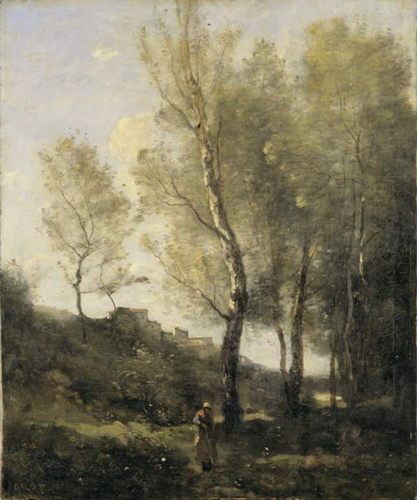Detail of Landscape with Poplars by Jean Baptiste Camille Corot