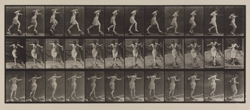 Detail of Plate Number 175. Crossing brook on step-stones with fishing-pole and can, 1887 by Eadweard Muybridge