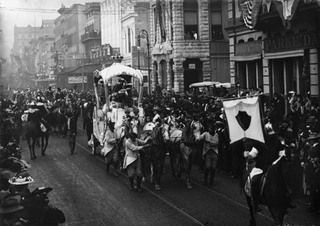 Detail of Mardi Gras day, Rex passing up Camp Street, New Orleans by Detroit Publishing Co.