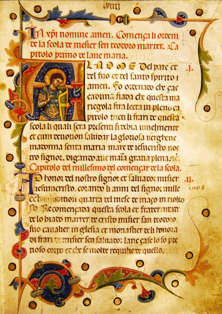 Detail of Historiated initial 'A' showing St. Theodore by Italian School