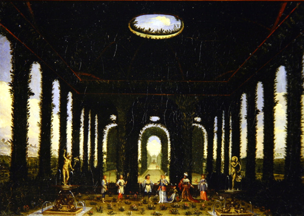Detail of Act III, scenes XI and XIII: garden in the form of a pavillion by Giacomo Torelli