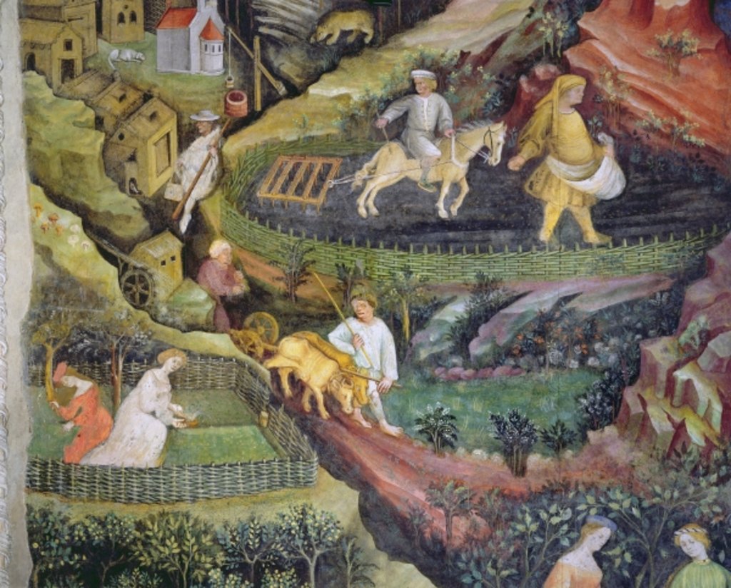 Detail of Village farmers doing work in April by Maestro Venceslao