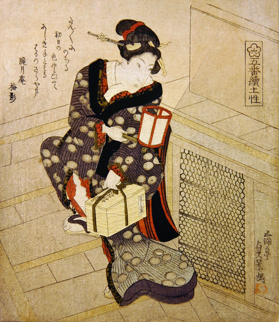 Detail of Woman climbing the stairs holding a lamp and a box by Utagawa Sadakage