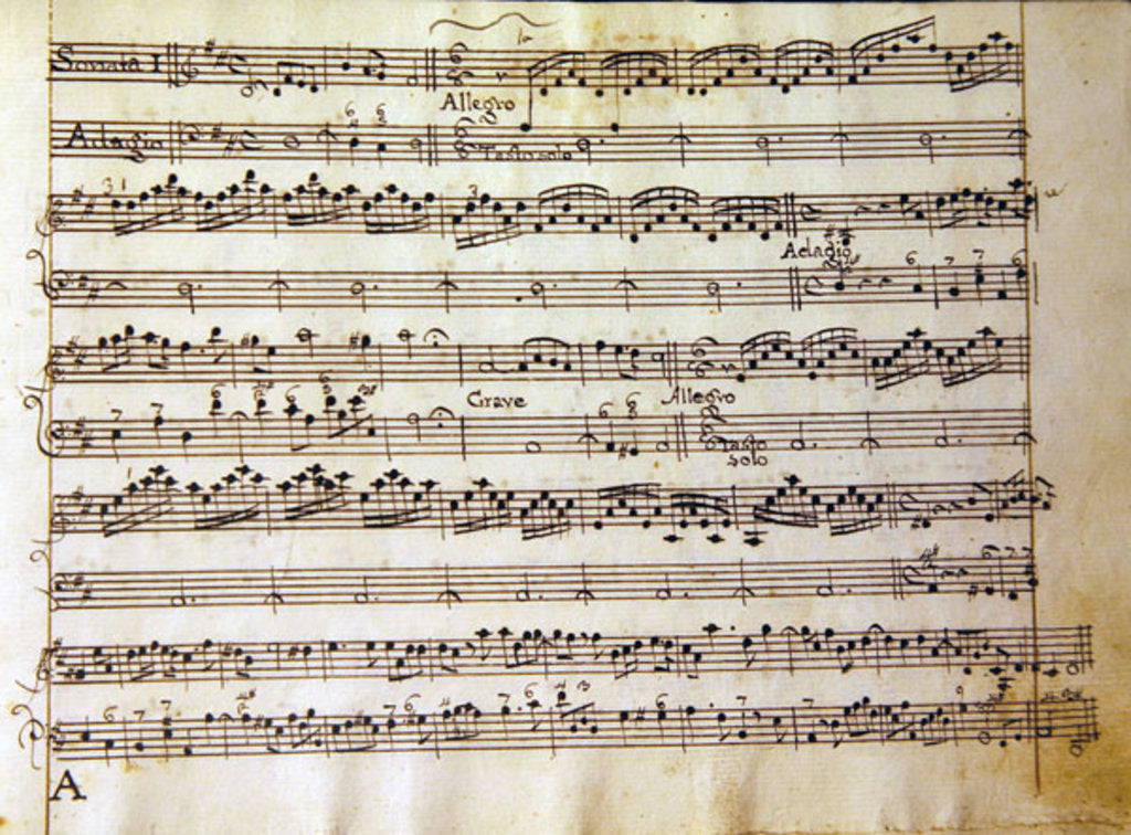 Detail of Manuscript page from the score of Opus V, 'Sonata for violin, violone, and harpsichord' by Arcangelo Corelli