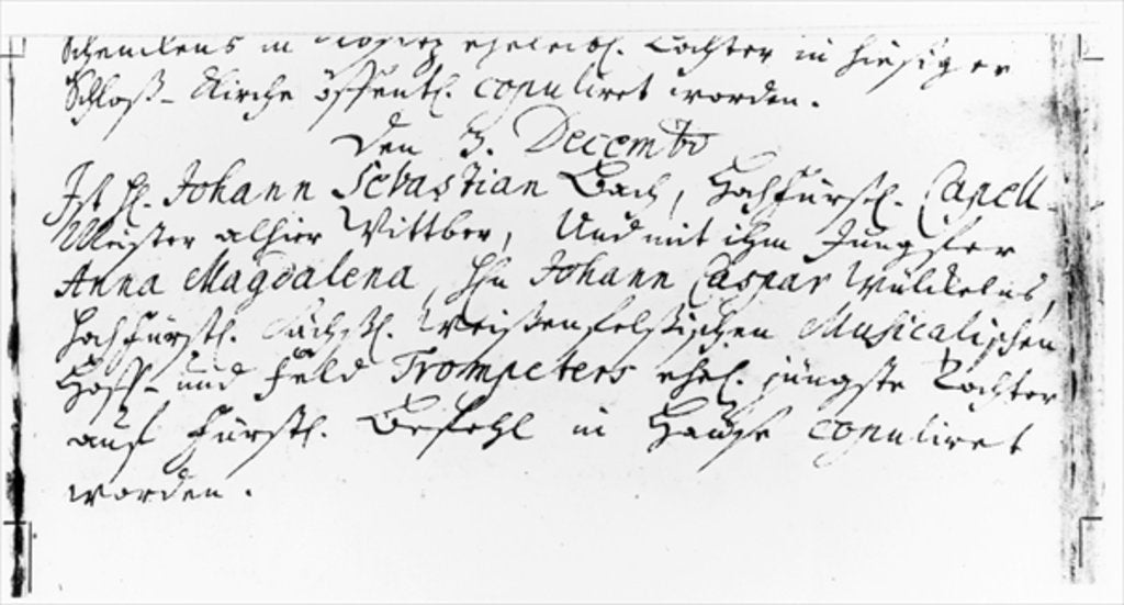Detail of Register of Bach's wedding to Anna Magdalena Wickeln in the Rectory of the Jacobskirche, Koethen, 3rd December 1721 by German School