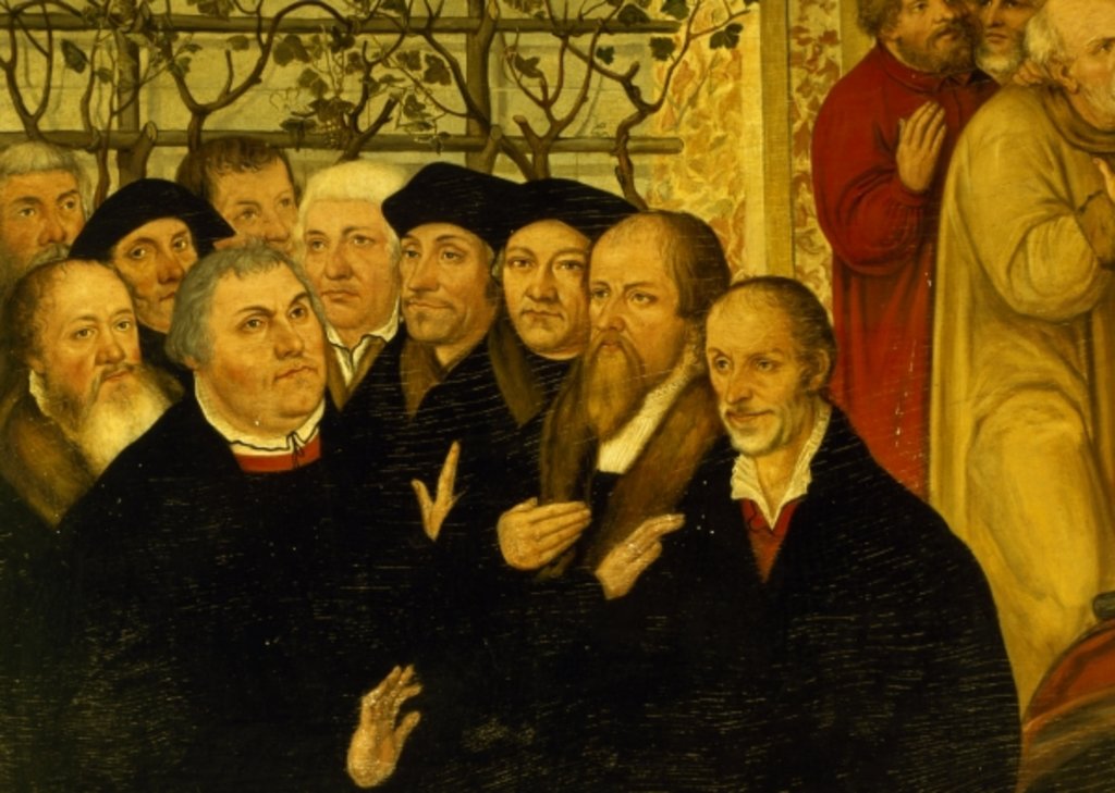 Detail of Epitaph of Meienburg's Mayor showing the reformers' group with Martin Luther by Lucas the Younger (after) Cranach