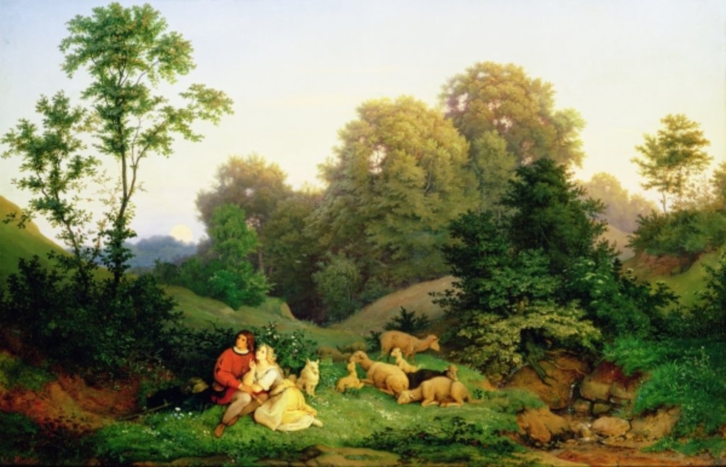 Detail of Shepherd and Shepherdess in a German landscape, 1844 by Ludwig Adrian Richter