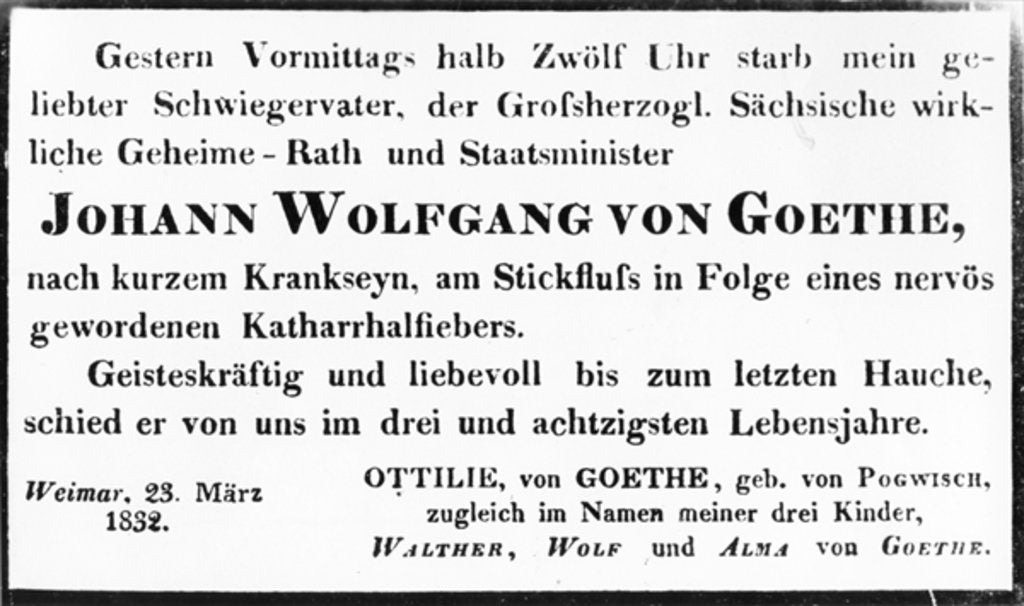 Detail of Johann Wolfgang von Goethe's Death Notice, 1832 by Johann Wolfgang von Goethe
