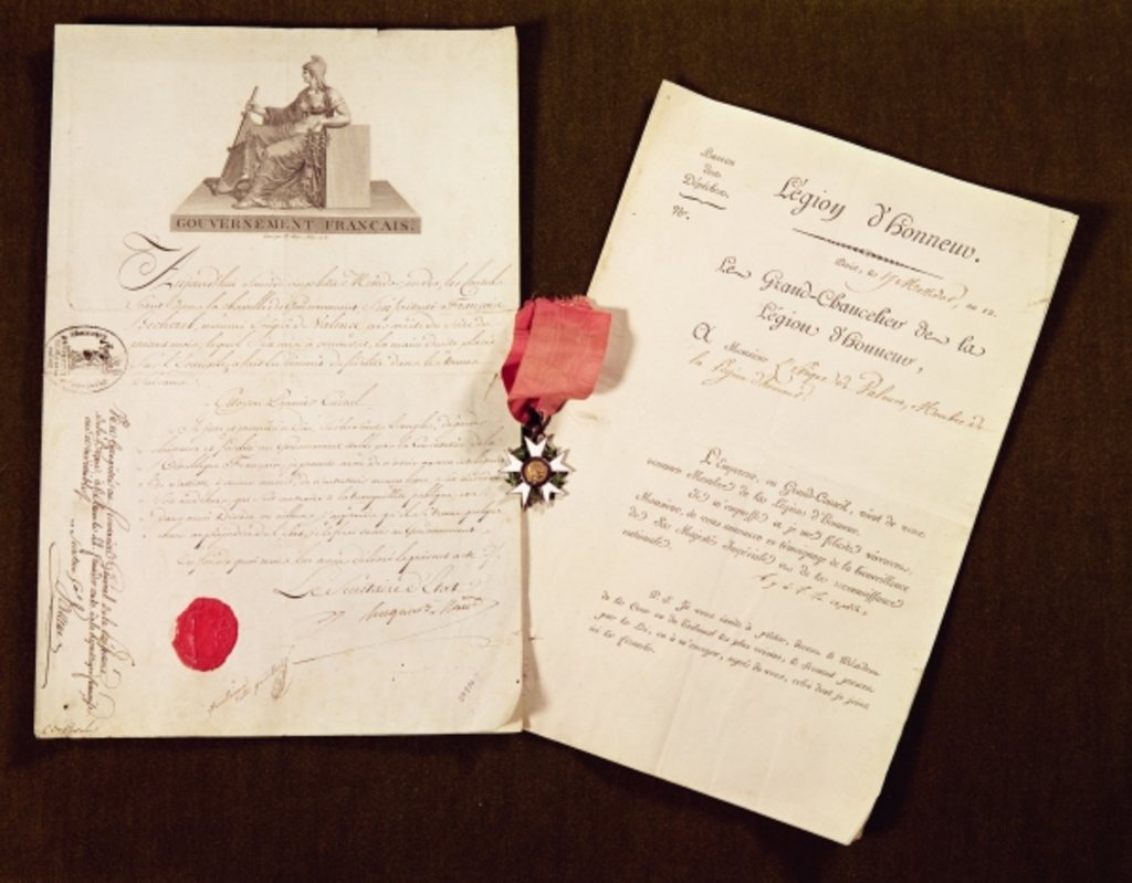 Detail of The documents and medal from Francois Becherel's appointment as knight of the Legion of Honour on 17th July 1802 by French School