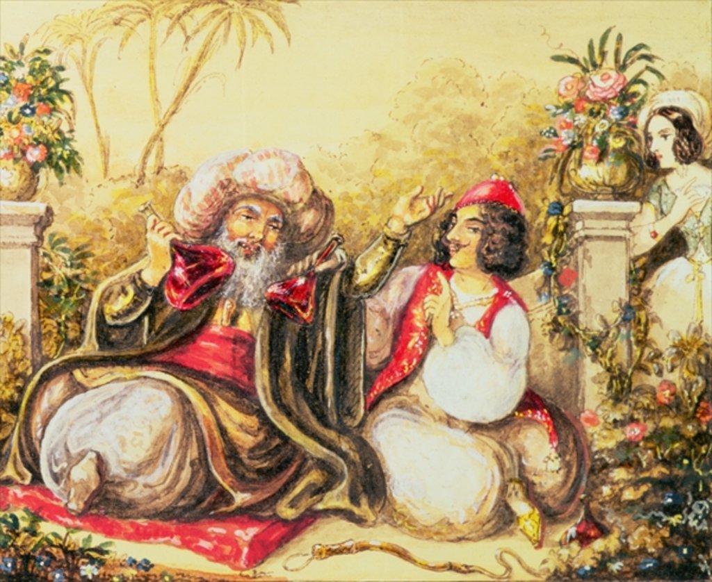 Detail of Pedrillo plying Osmin with drink, while Blonda waits in the background, scene from Act II by Austrian School