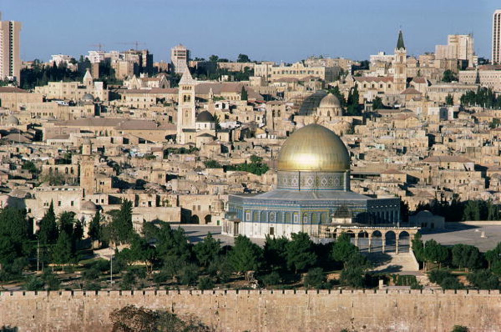 Detail of The Dome of the Rock, built AD 692, and the city beyond by Islamic School