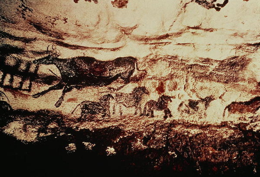 Detail of Rock painting of a leaping cow and a frieze of small horses, c.17000 BC by Prehistoric Prehistoric