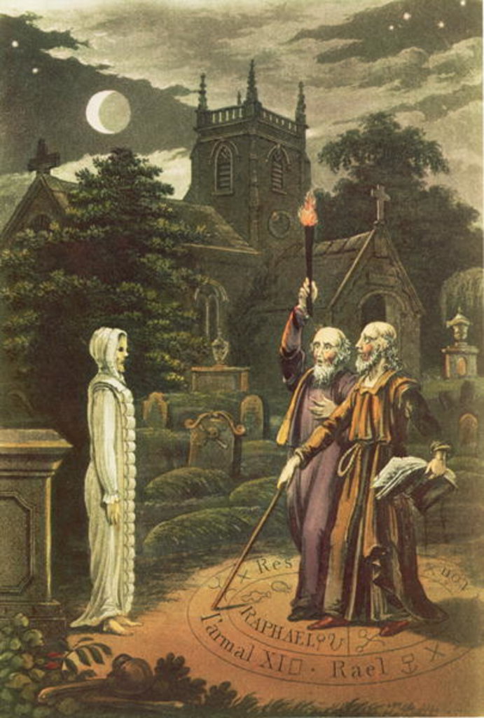 Detail of Edward Kelly a magician, and his partner the mathematician and astrologer, John Dee raising a ghost by English School