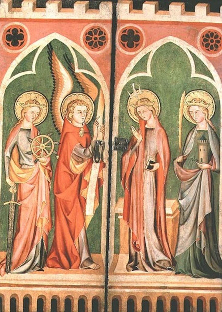Detail of Annunciation with S.S. Barbara and Katherine, 1310-40 by School of Cologne