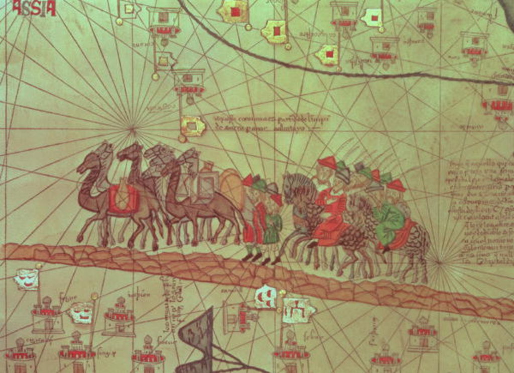 Detail of Catalan Atlas, detail showing the family of Marco Polo travelling by camel caravan by Spanish School