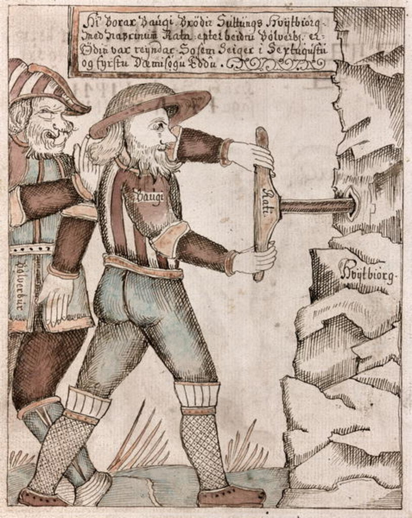 Detail of The giant Baugi, persuaded by Odin, drills into his brother, Suttung's underground chamber where hydromel, the mead of the poets, is hidden by Icelandic School