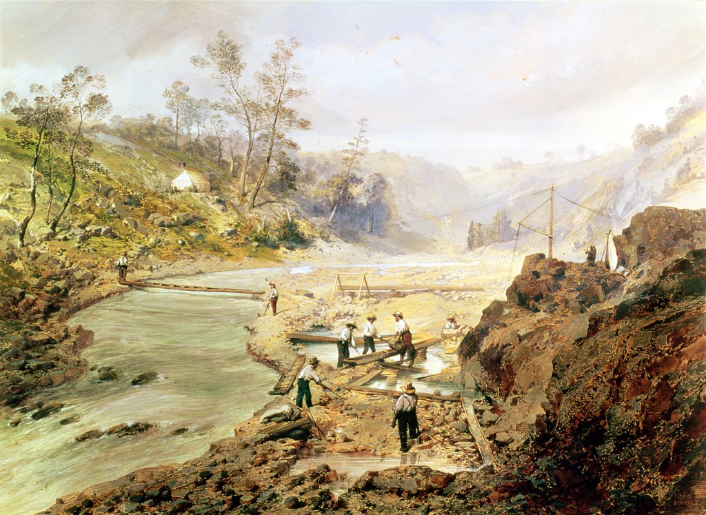Detail of Fortyniners washing gold from the Calaveres River, California, 1858 by American School