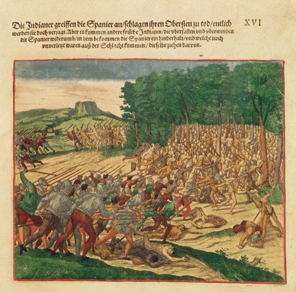 Detail of Battle between the Indians and the Spanish in which the Spanish colonel was beaten to death by Theodor de Bry