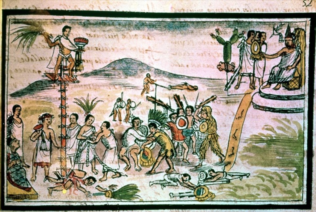 Detail of Aztec warriors engage in a ceremonial battle known as the Flowery War, in order to capture future victims for sacrifice by Spanish School