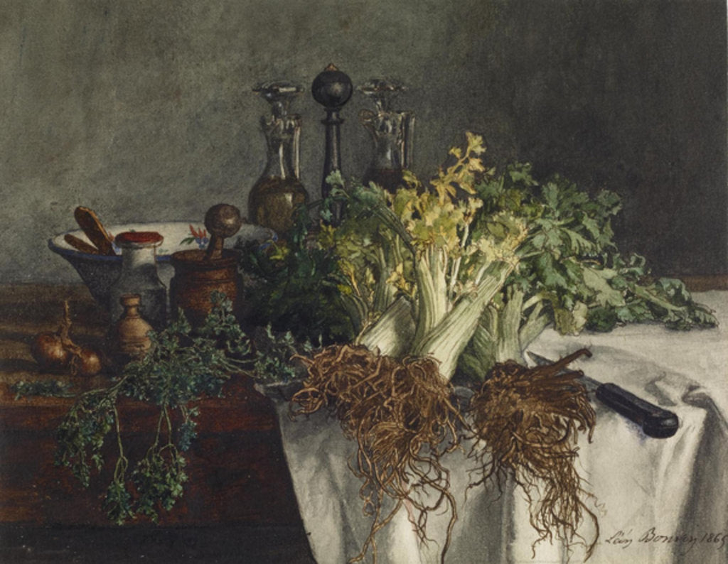 Detail of Still Life on Kitchen Table with Celery, Parsley, Bowl and Cruets, 1865 by Leon Bonvin