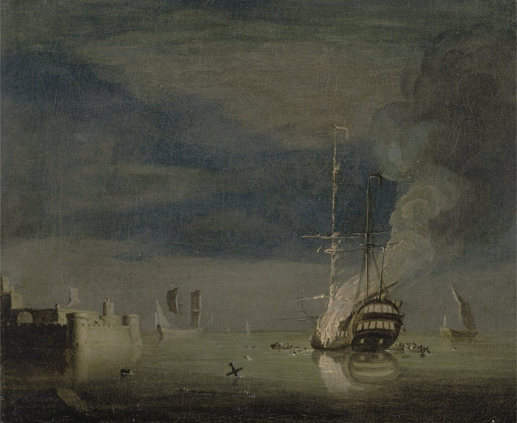 Detail of A Two-Decker on Fire at Night off a Fort, c.1740 by Charles Brooking