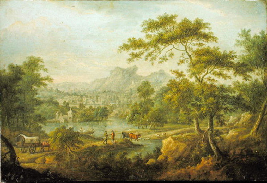 An Imaginary Landscape with a Wagon and a Distant View of a Town by Thomas Smith of Derby