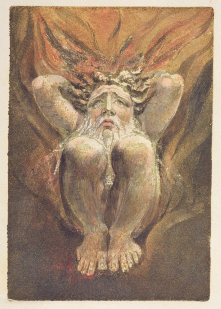 Detail of A naked man crouched in flames, with his hands behind his head by William Blake