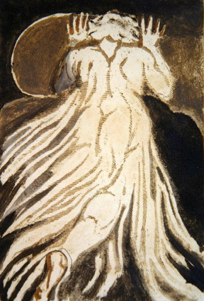 Detail of A white haired man in a long, pale robe who flees from us with his hands raised by William Blake