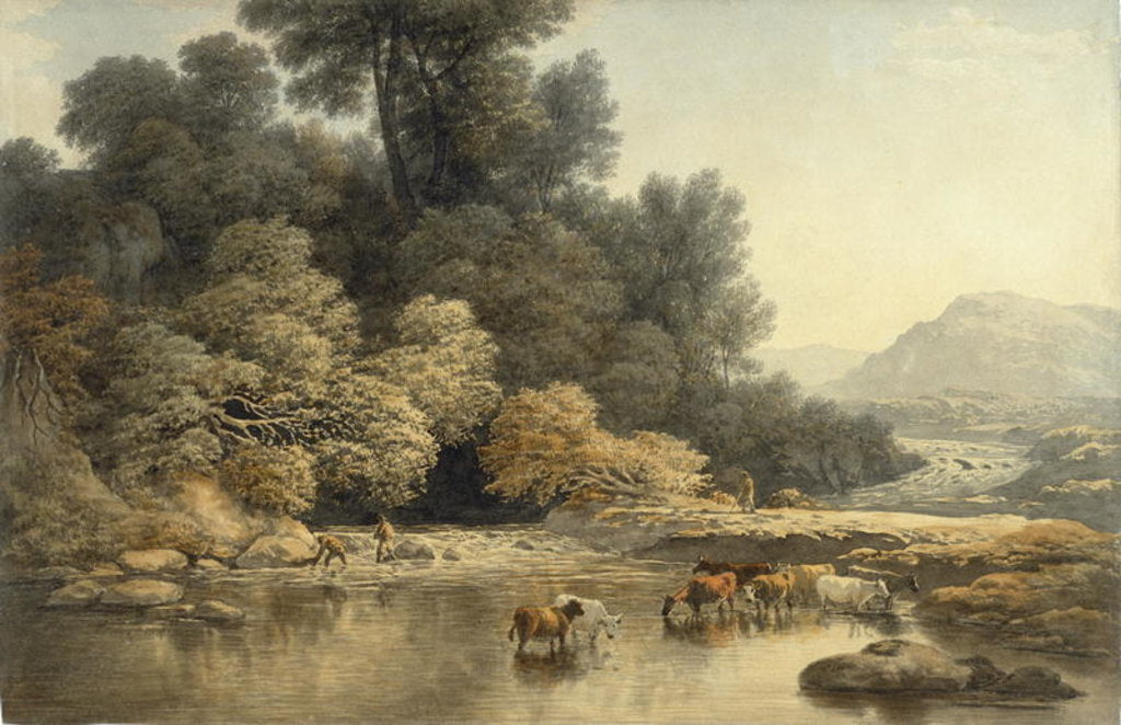 Detail of Hilly landscape with River and Cattle, c.1810 by John Glover