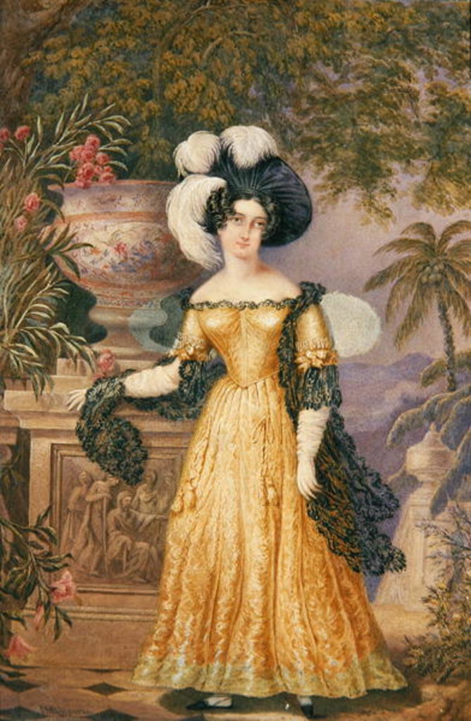 Detail of Lady Rowe, standing small full length on a terrace, a moonlit Jamaican landscape beyond by Isaac Mendes Belisario