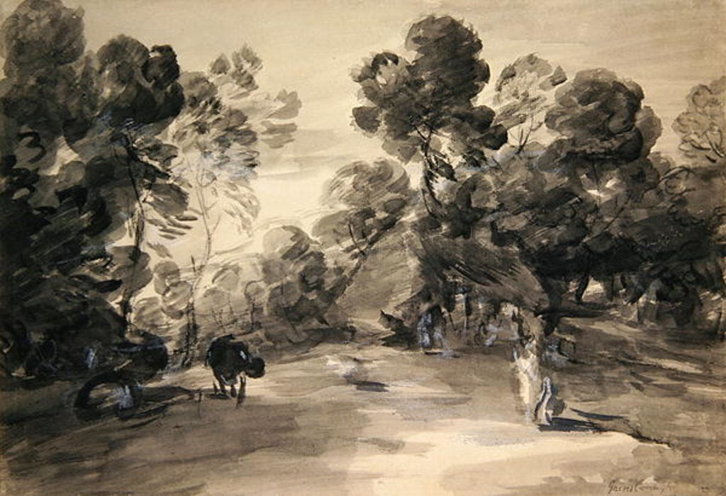 Detail of Wooded landscape with figures, cottage and cow, c.1785 by Thomas Gainsborough