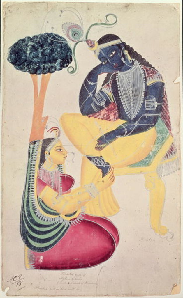 Detail of The God Krishna with his mortal love, Radha by Indian School