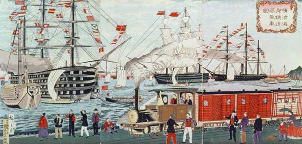 Detail of Commodore Perry's Gift of a Railway to the Japanese in 1853 by Ando or Utagawa Hiroshige