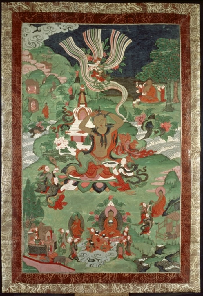 Detail of Buddha cutting a tuft of hair, Tibetan temple banner by School Tibetan